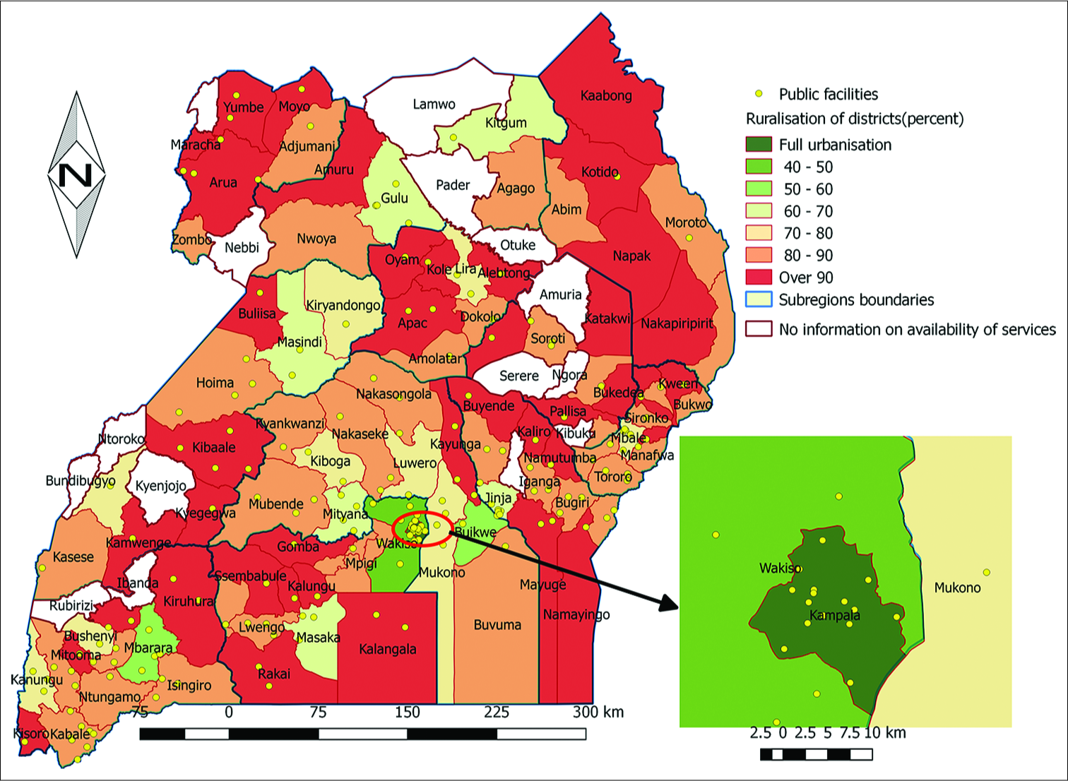 Distribution of public dental clinics in relation to ruralization of districts in Uganda.