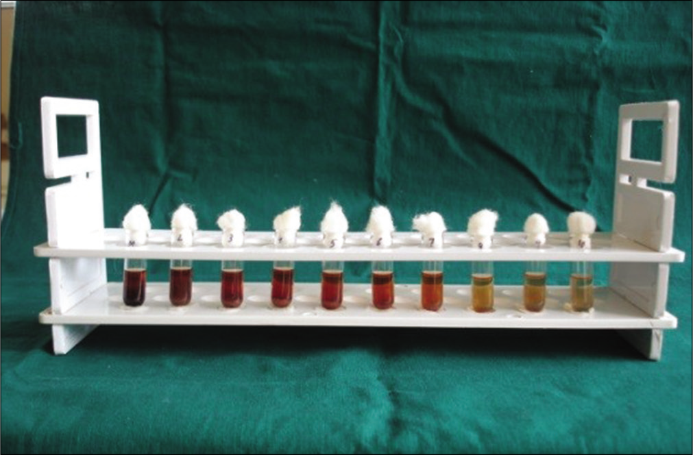 Determination of minimum inhibitory concentration through serial tube dilution technique.